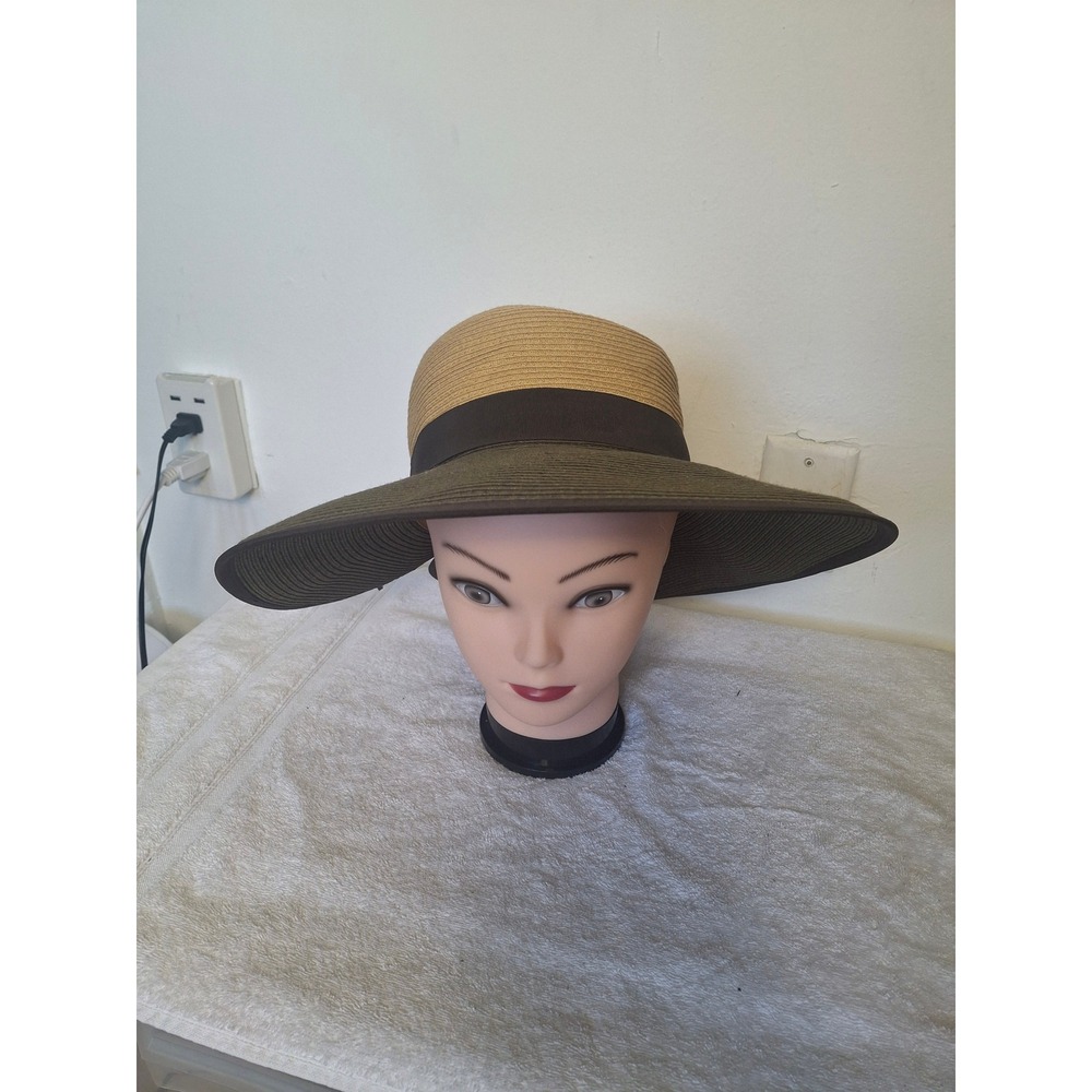 Womens Wide Brim Straw Sun Hat Two Tone Tan Green with Brown Ribbon Bow Back